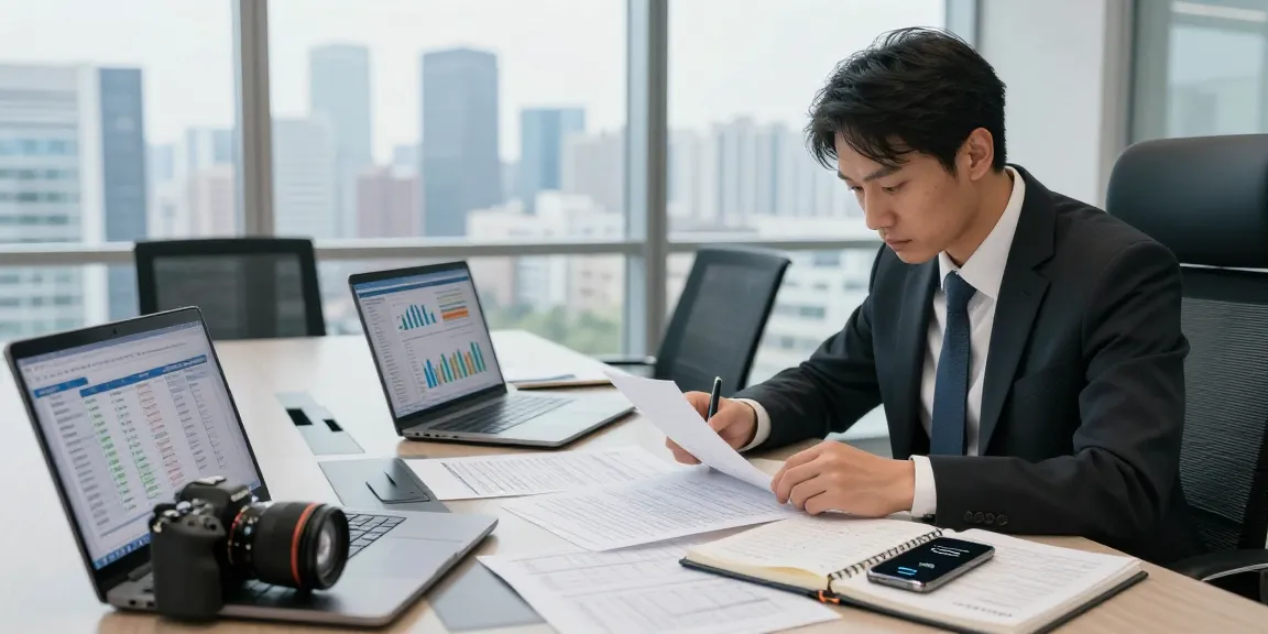 Asset tracing investigation in a professional office, accountant analyzing financial documents and data analytics.