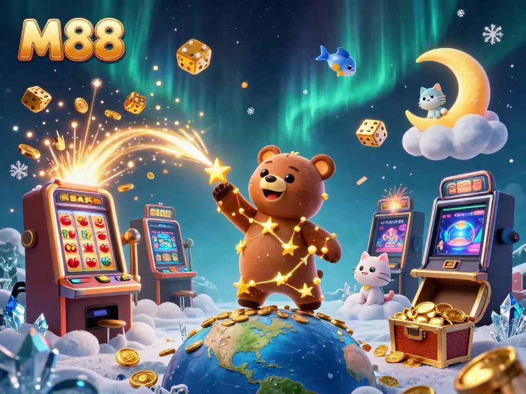 M88 showcases a vibrant casino scene with golden coins and slot machines bursting with jackpots.