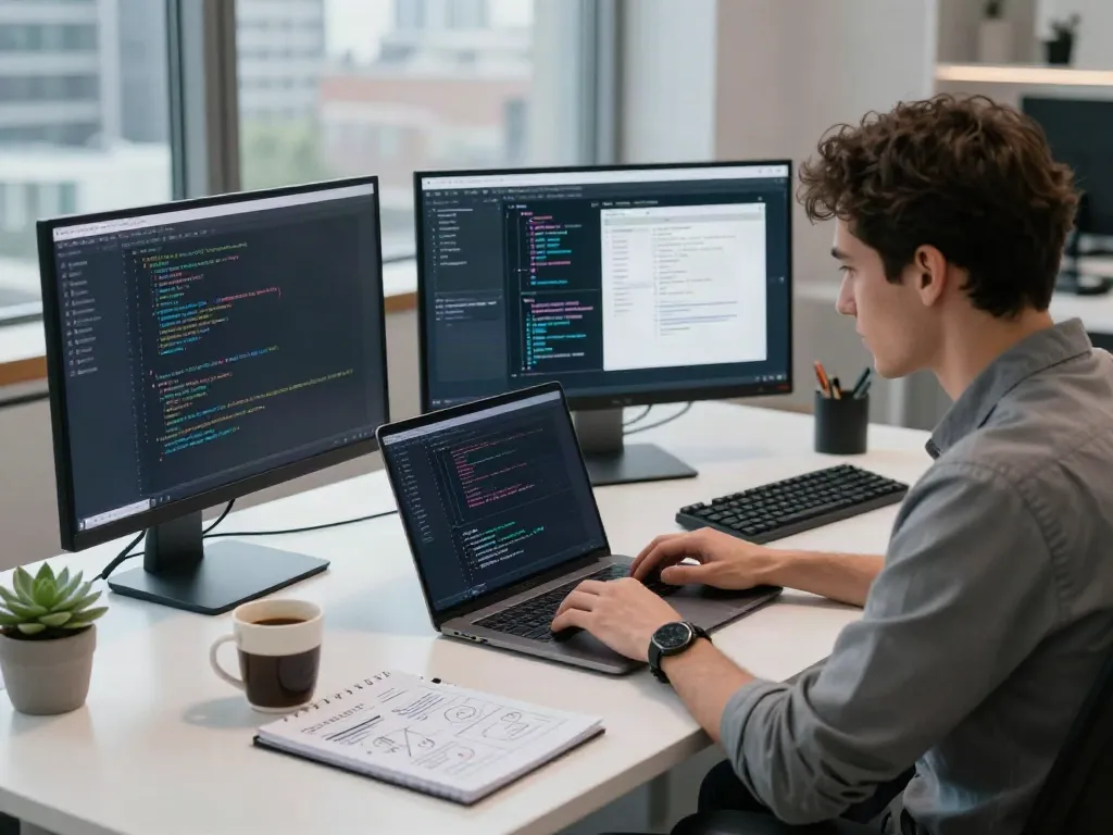 v2rayN官网 setup with a developer coding in a modern workspace filled with technology and productivity tools.