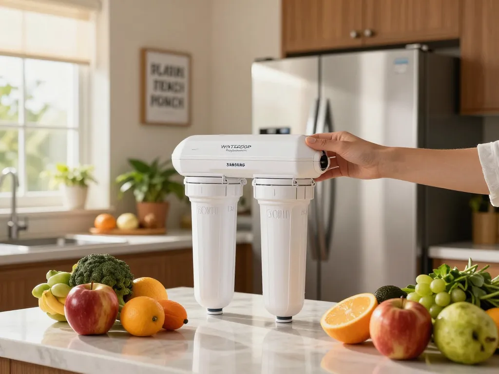 Replacing the Waterdrop Replacement for Samsung® DA29-00003G filter in a bright kitchen filled with fresh produce.