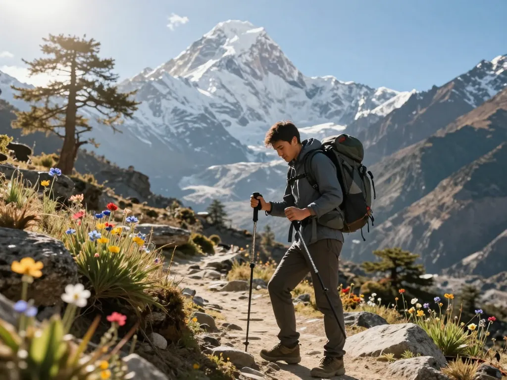 Trek to Annapurna Circuit preparation scene with traveler adjusting gear against stunning mountain backdrop.
