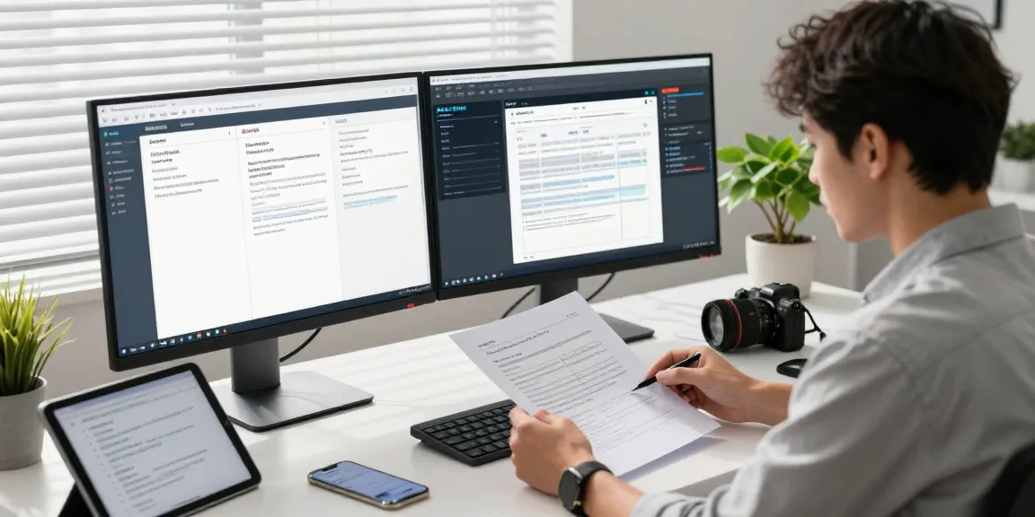 Data analyst detecting PDF fraud in a modern workspace with dual screens and AI metrics.