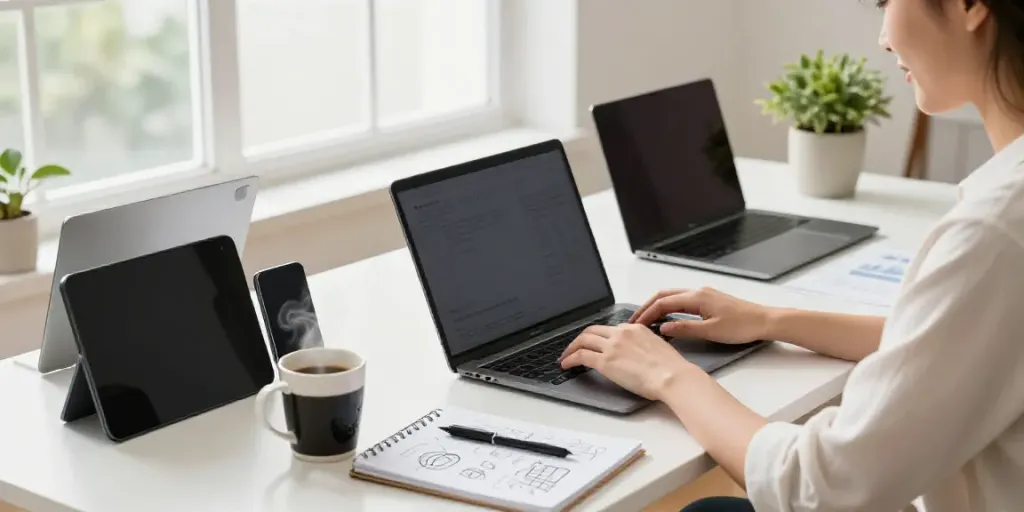 Generate electronics product descriptions with AI in a bright, modern workspace.