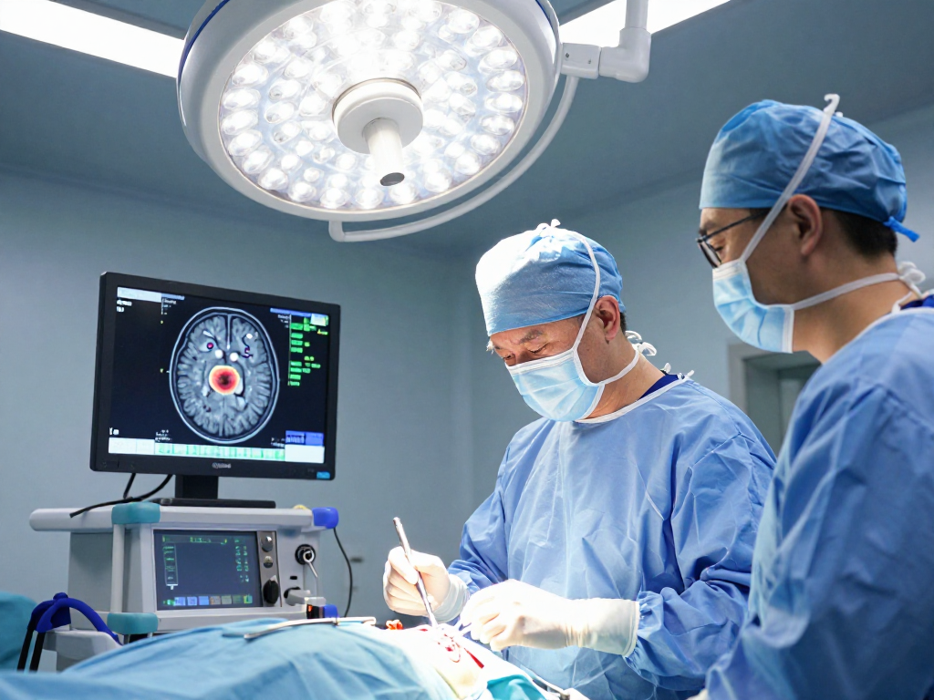Focus on brain tumor surgery, highlighting beyin tümörü ameliyatı precision and advanced medical techniques in a modern surgical theater.