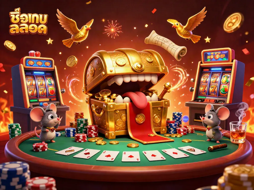Engage with the exciting ชื่อเกมสล็อต showcasing slot machines, vibrant characters, and a treasure chest lure in a thrilling casino scene.