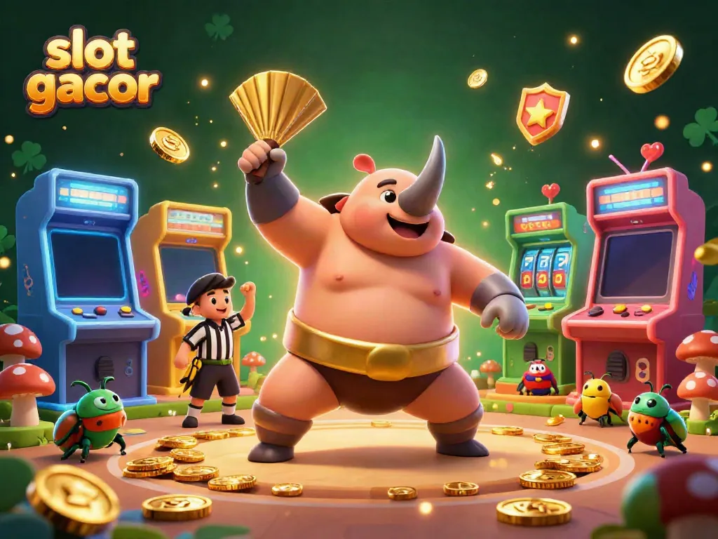 Experience the vibrant energy of slot gacor with dynamic characters, coins flying, and glowing arcade elements.