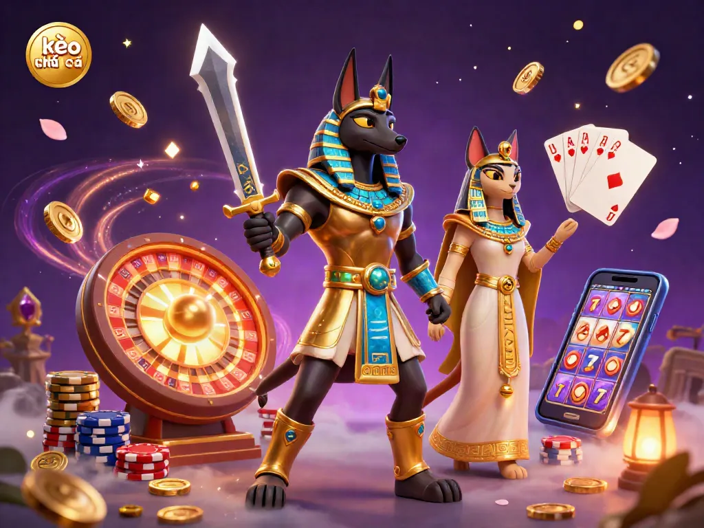 Experience kèo nhà cái with Anubis and Bastet surrounded by golden coins and gaming elements.