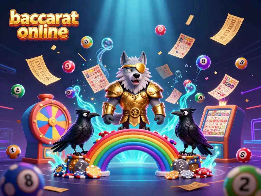 Baccarat online-themed illustration featuring an Odin wolf and ravens amidst colorful casino elements