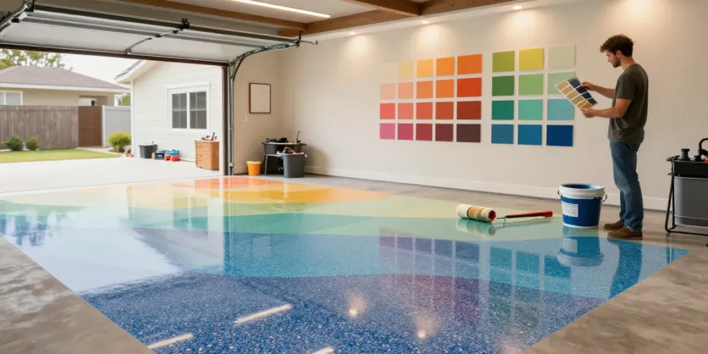 Explore ElevateEpoxyFlooring.com vibrant flake color chart in a modern garage with freshly applied epoxy flooring.