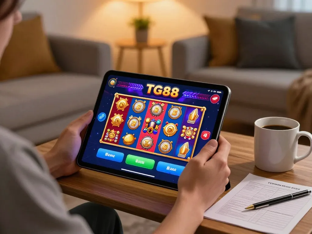 Experience thrilling gameplay at TG88 with engaging slot games on a tablet.