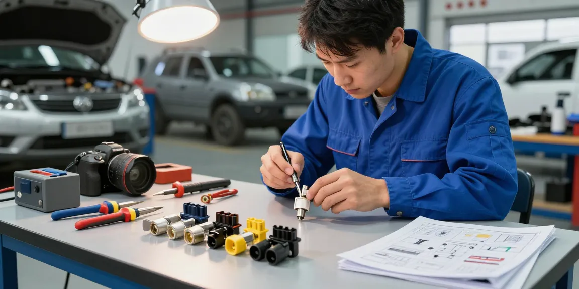 Technician inspecting automotive electrical connectors, showcasing precision and reliability in a professional workspace.