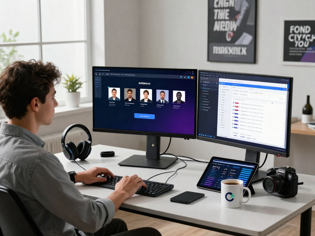 A professional using an antidetect browser on multiple monitors in a modern tech workspace.