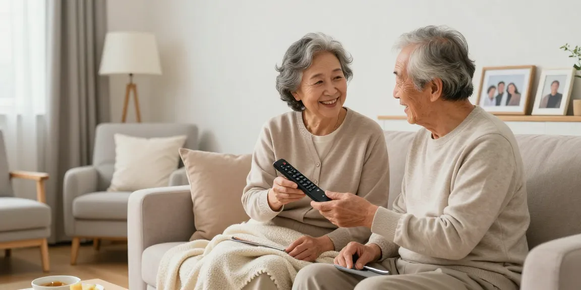 Senior couple using 銀髮族用品 in a cozy living room for enhanced comfort.