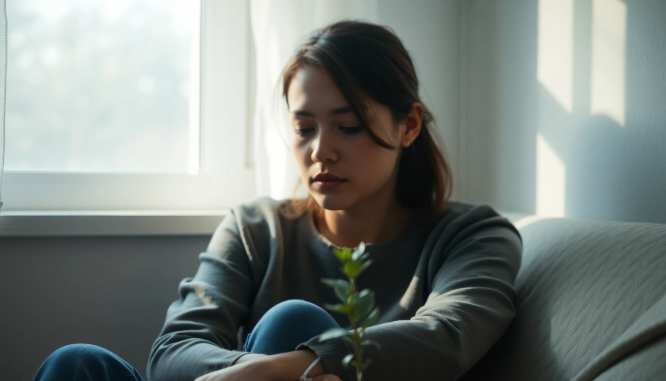 Individual showcasing evident depression symptoms in a serene, softly lit environment.