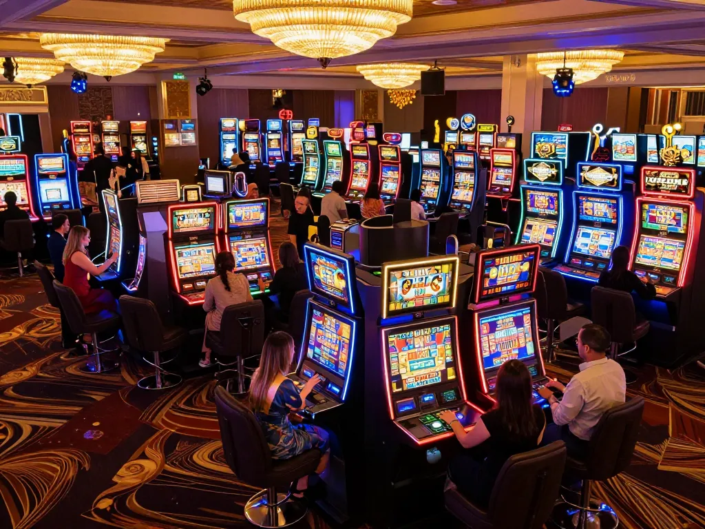 Players enjoying lively slot777 machines in a vibrant casino environment