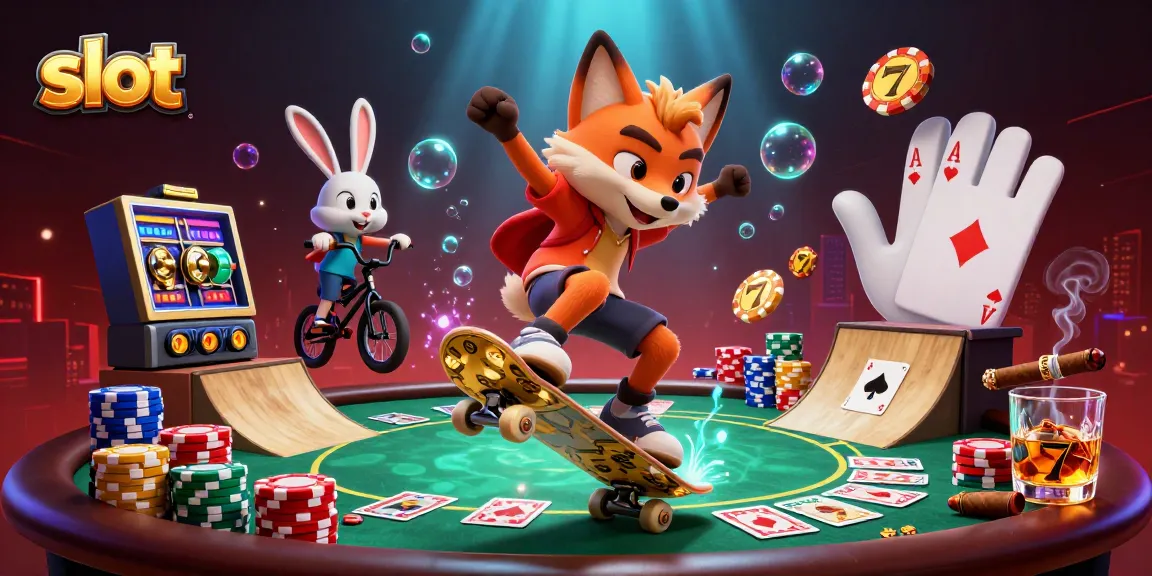 Slot yang menampilkan rubah skateboarder dan kelinci BMX di tengah tumpukan chip poker, menghasilkan energi permainan yang menarik.