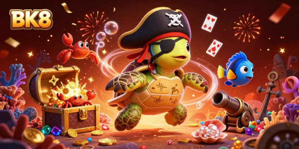 Experience thrilling gameplay with BK8's vibrant 3D casino illustration packed with engaging characters and treasure bursts.