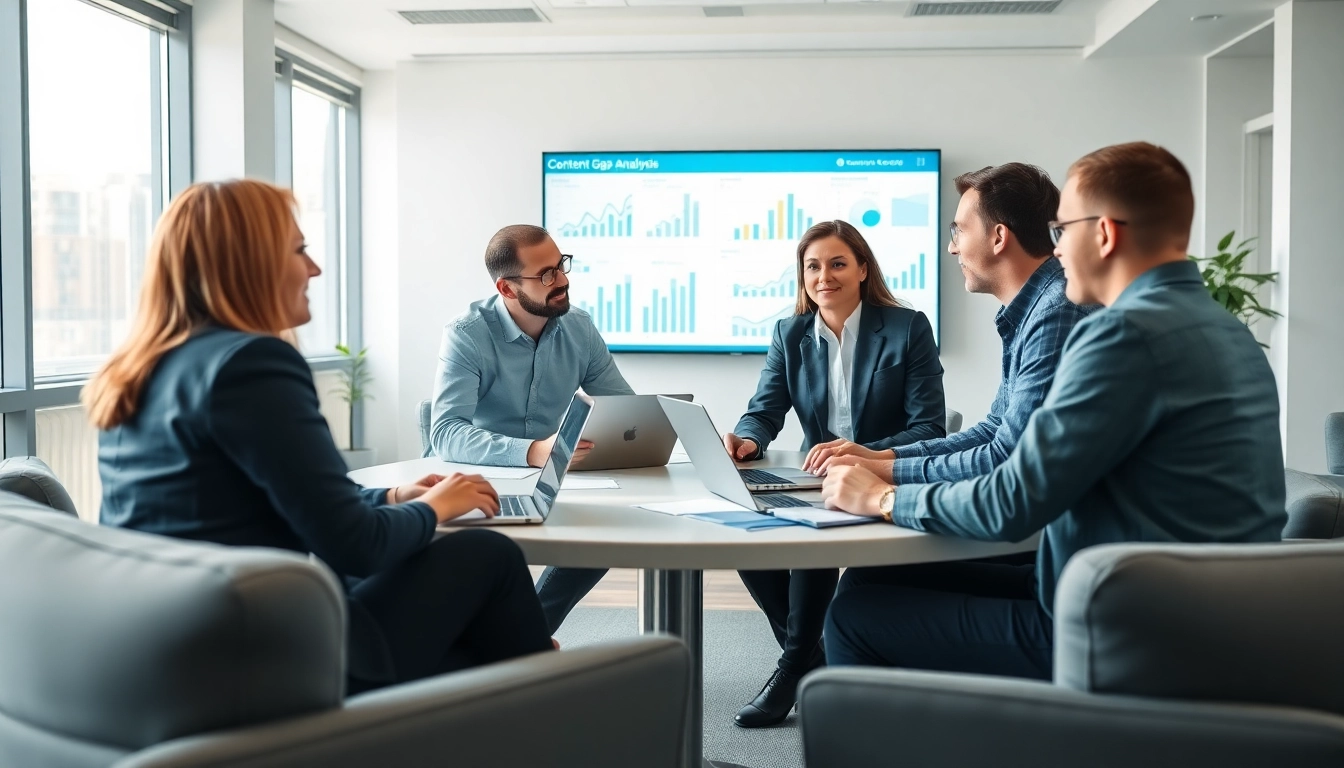 Team conducting a Content Gap Analysis in a modern office setting with digital data.