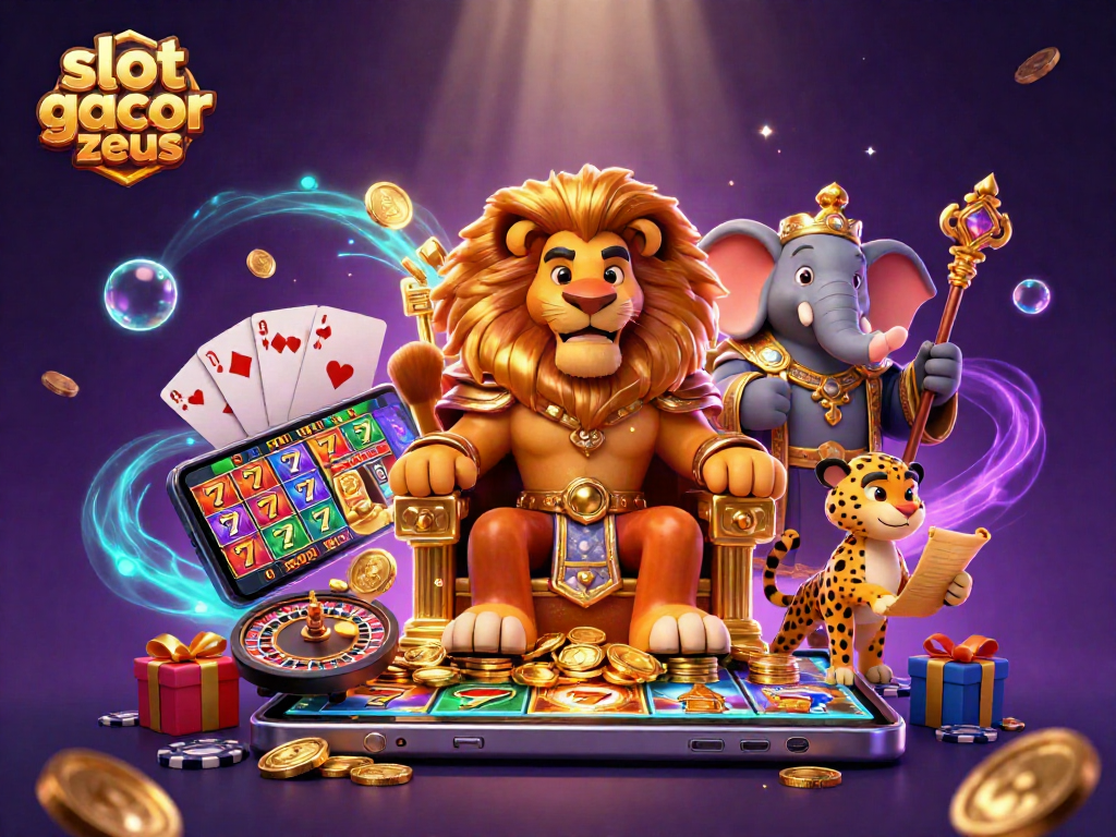 Engage in thrilling gaming with slot gacor zeus featuring a lion king on a throne and vivid casino elements.