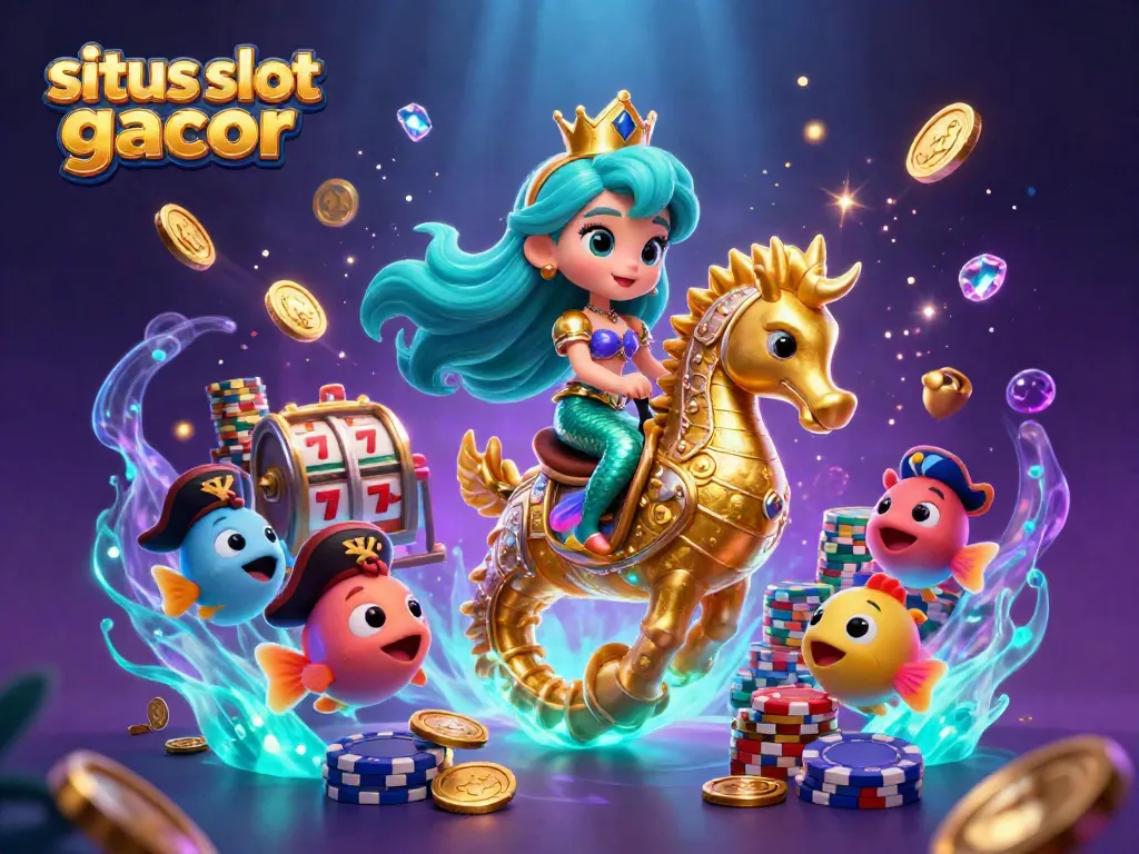 Ilustrasi situs slot gacor menampilkan putri duyung 3D dan kuda laut emas dengan koin terbang dan simbol keberuntungan.