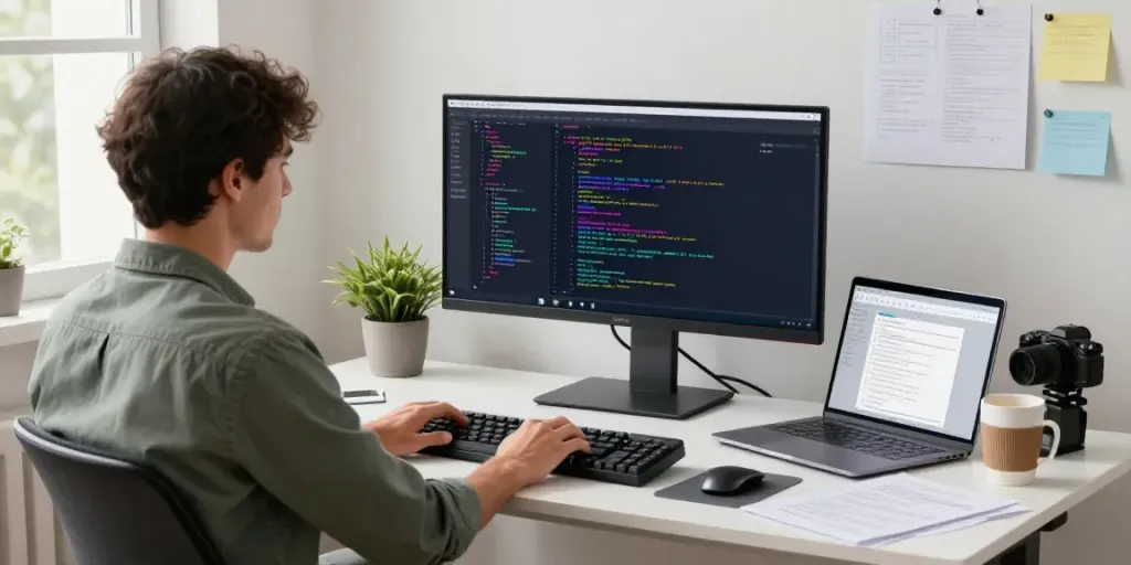 Developer using Notepad++ in a bright coding workspace with dual monitors.
