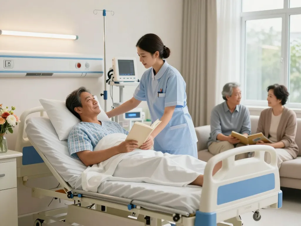 Modern giường bệnh nhân setup in a warm hospital room with supportive care elements.