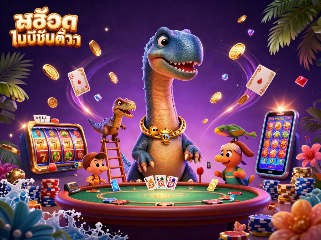 Engage with สล็อตไม่มีขั้นต่ำ as a brontosaurus peers down at a bustling casino scene.
