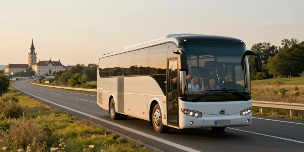 Transport Moldova Europa - autobuz modern pe drum, călători fericiți admirând peisajele europene.