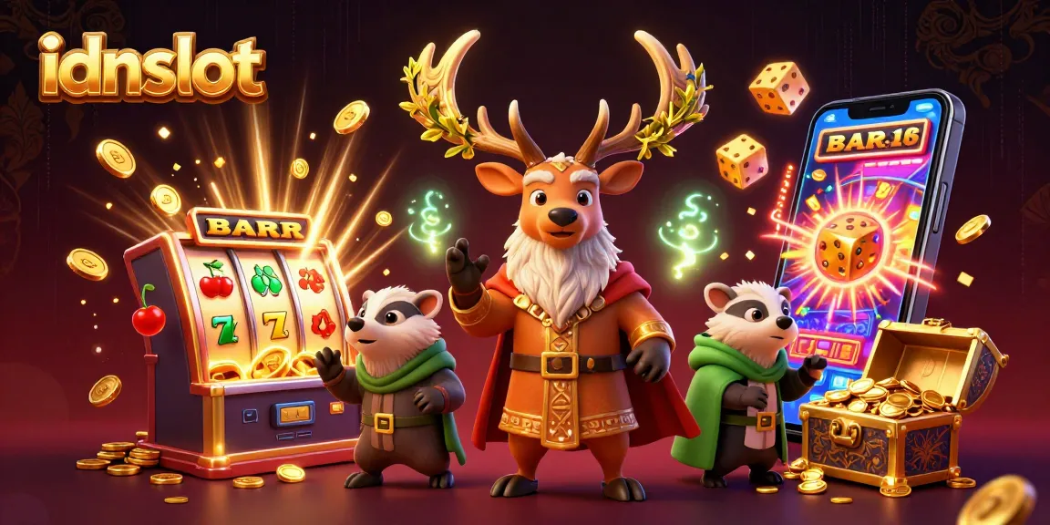 Spin and win with idnslot amid a magical scene filled with slot machines, character interactions, and rich colors.