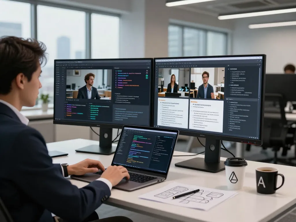 AI image to prompt generator workspace with data scientist analyzing images on dual monitors in a modern office.