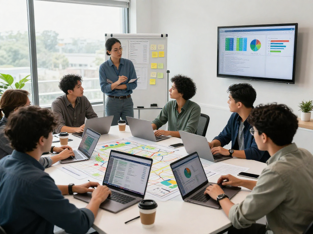 Engaging team strategizing political direct mail services using data analytics in a bright office.