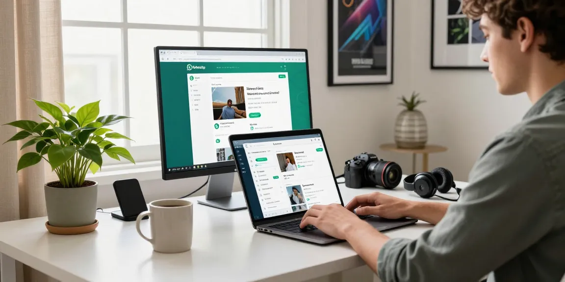 Using WhatsApp電腦版 on a modern laptop in a stylish home office.