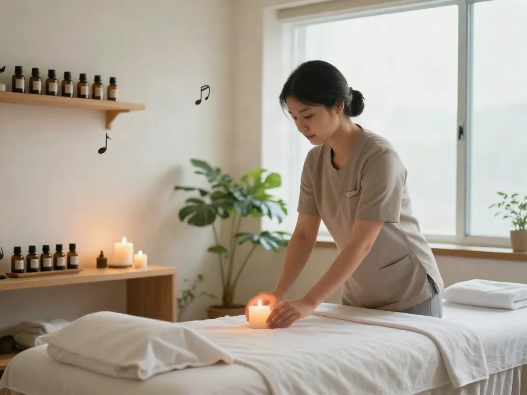 Explore a serene wellness space for 강북출장마사지, showcasing a therapist preparing for a soothing massage.