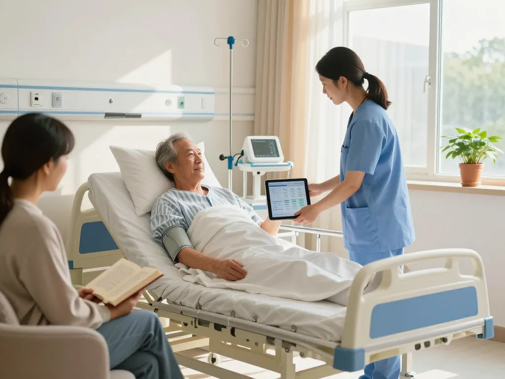 Adjustable giường bệnh nhân in a bright hospital room with caregiver assisting a patient