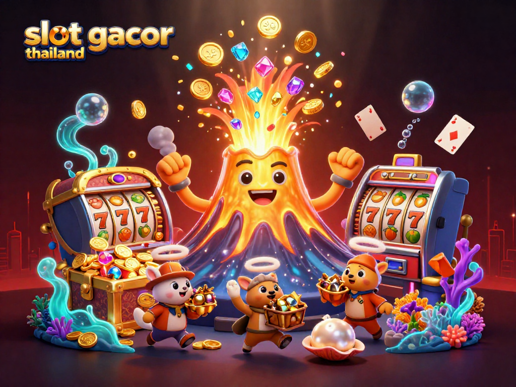 Experience thrilling wins with slot gacor thailand, showcasing a vibrant 3D casino scene of a golden volcano.