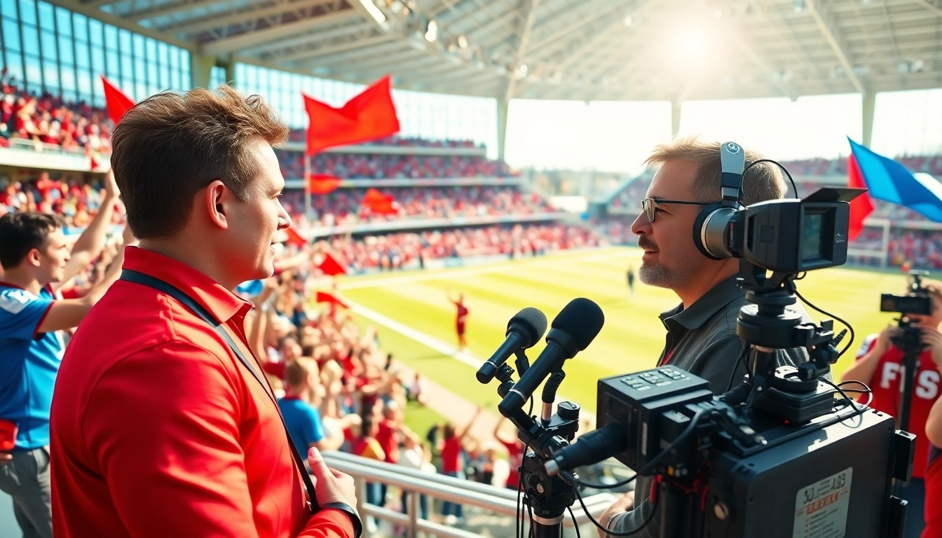 Engaging sports broadcasting scene with a live reporter and athlete, showcasing energy and excitement.