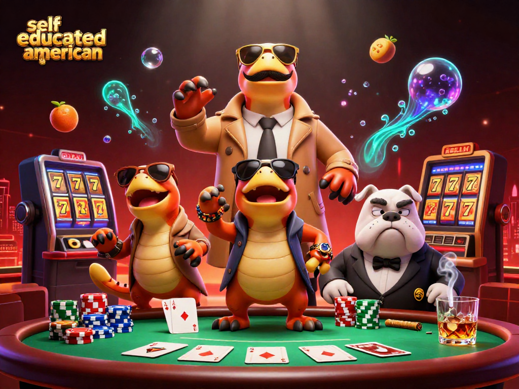 Experience the thrill of selfeducatedamerican as raptors enter a VIP casino lounge amidst vibrant gaming elements.