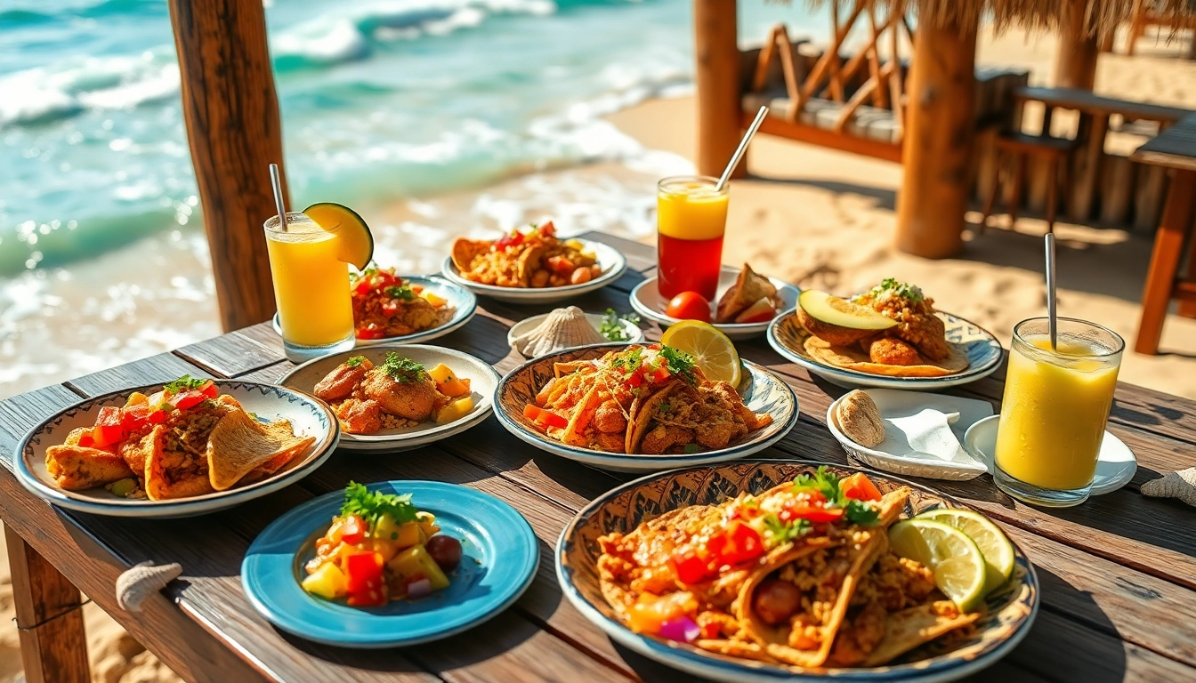 Cabo food recommendations beautifully arranged on a beachside table with vibrant dishes and fresh ingredients.