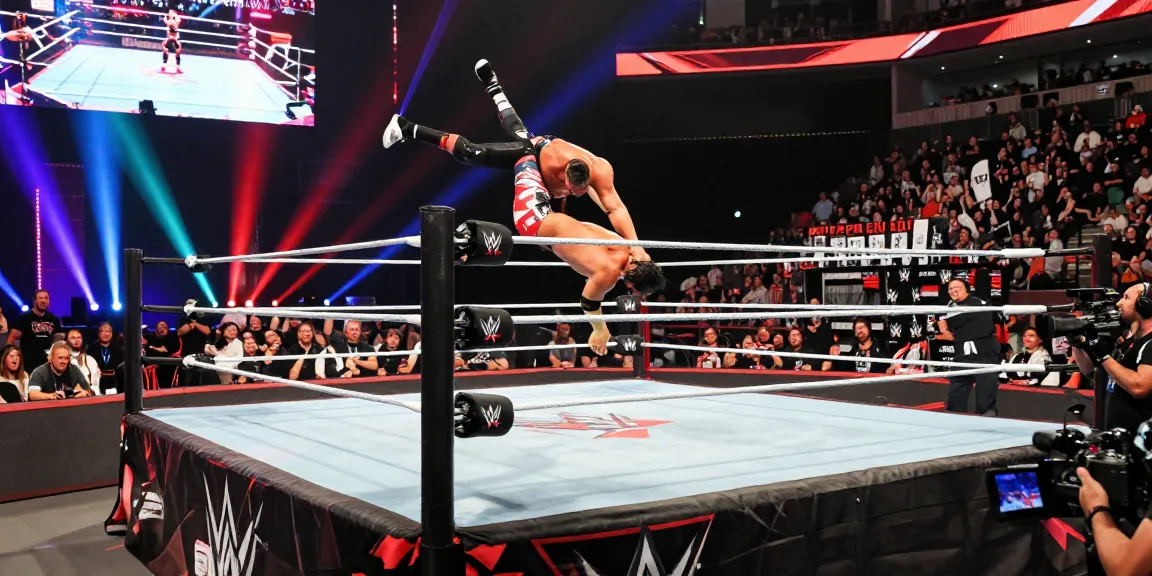WWE wrestlers performing a high-flying move in a packed arena