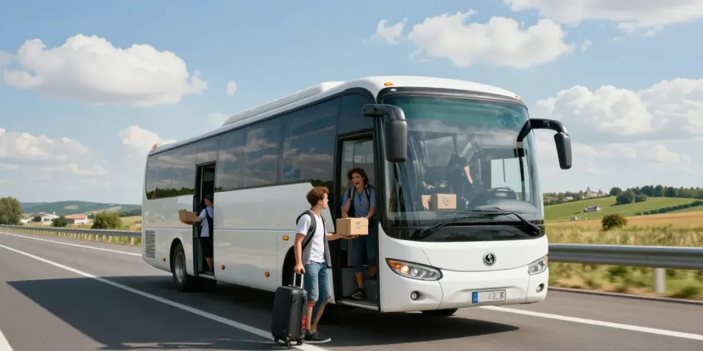 Transport Moldova Europa - Autocar modern pe autostradă transportând pasageri și colete către destinații europene.