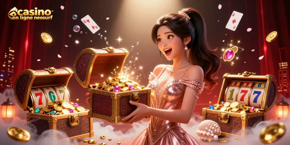 Vivez les frissons au casino en ligne neosurf avec cette scène vibrante remplie de trésors mettant en vedette une femme asiatique joyeuse et des éléments de jeu dynamiques.