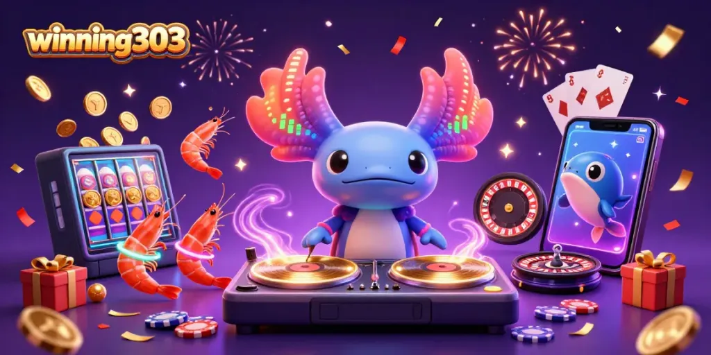 Experience the fun of winning303 with a vibrant 3D illustration of creatures enjoying colorful slot games.