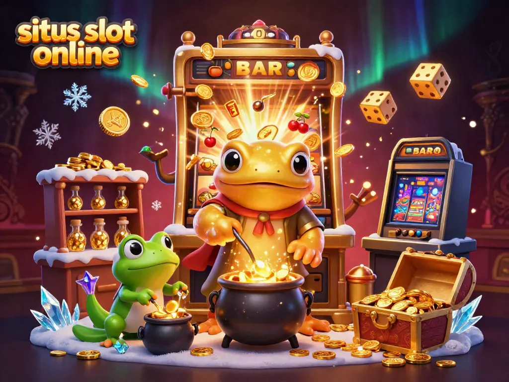 Permainan slot di situs slot online dengan karakter kartun ajaib dan mesin slot mengeluarkan koin emas.