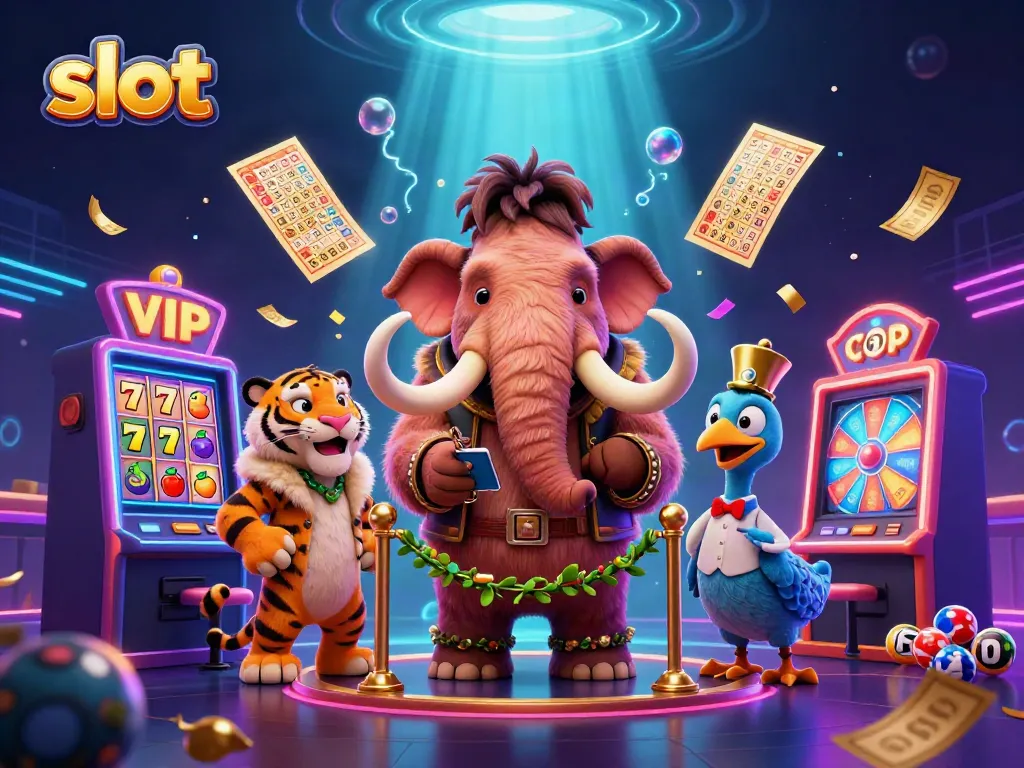 Engage with slot reels and lucky symbols in a vibrant casino scene featuring a woolly mammoth bouncer.