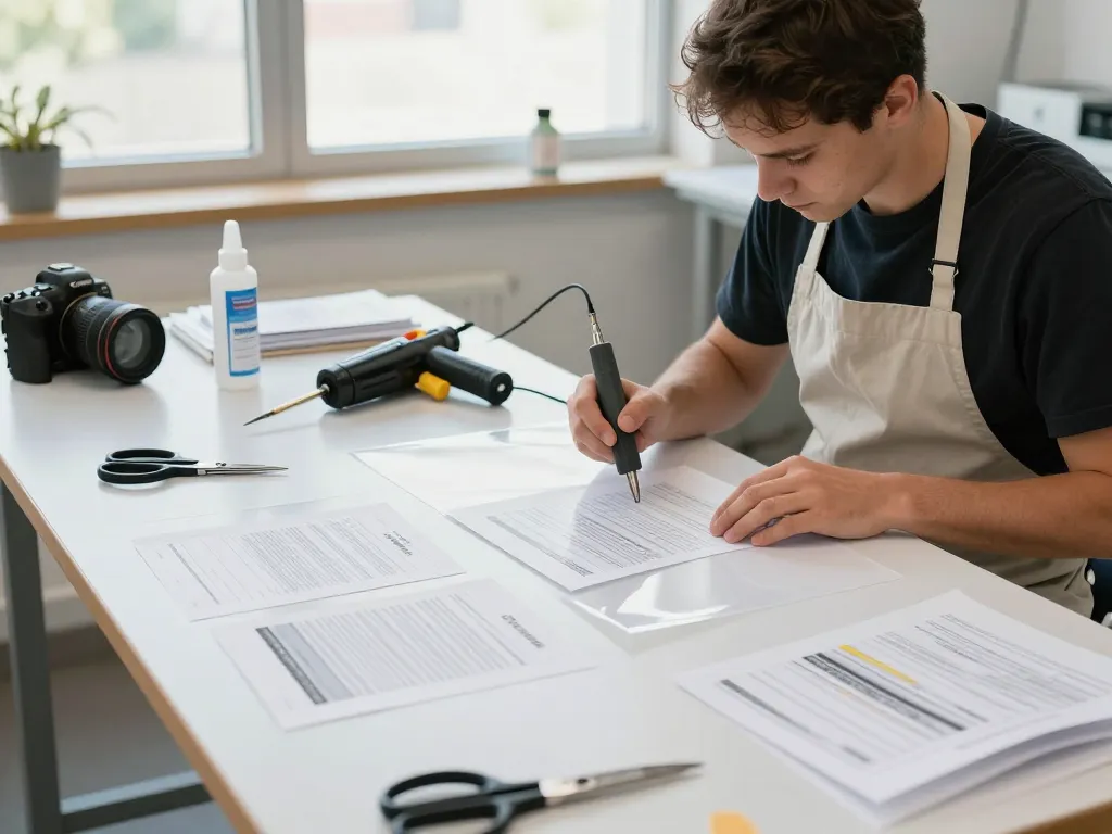 dich vụ bóc ép plastic in a professional workshop setting with expert technician removing lamination from documents.