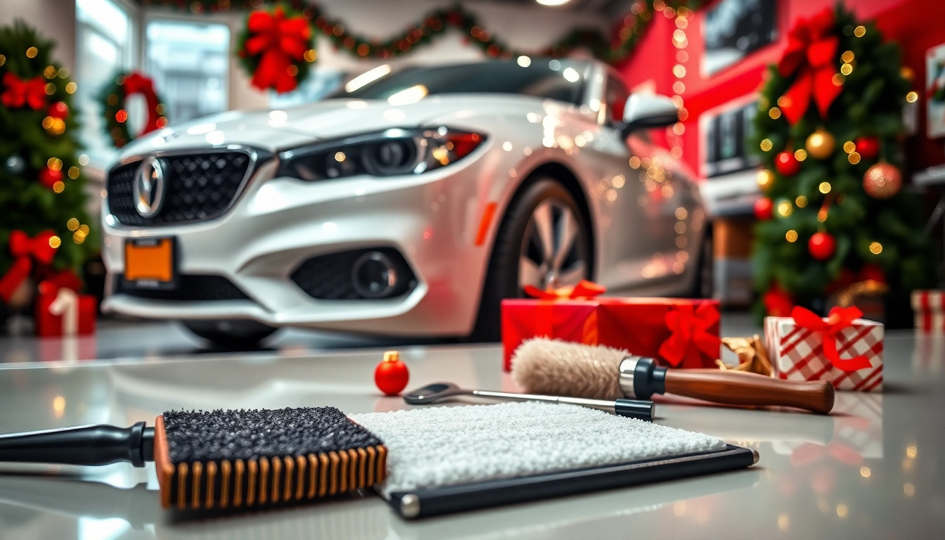 Capture a Christmas car detailing gift experience with a clean vehicle and festive decorations.