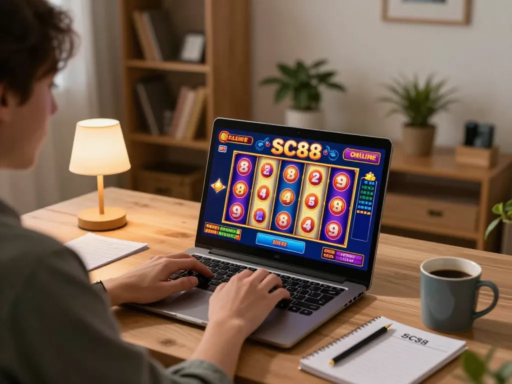 SC88 player engaging with online slots at home, showcasing a vibrant gaming setup.