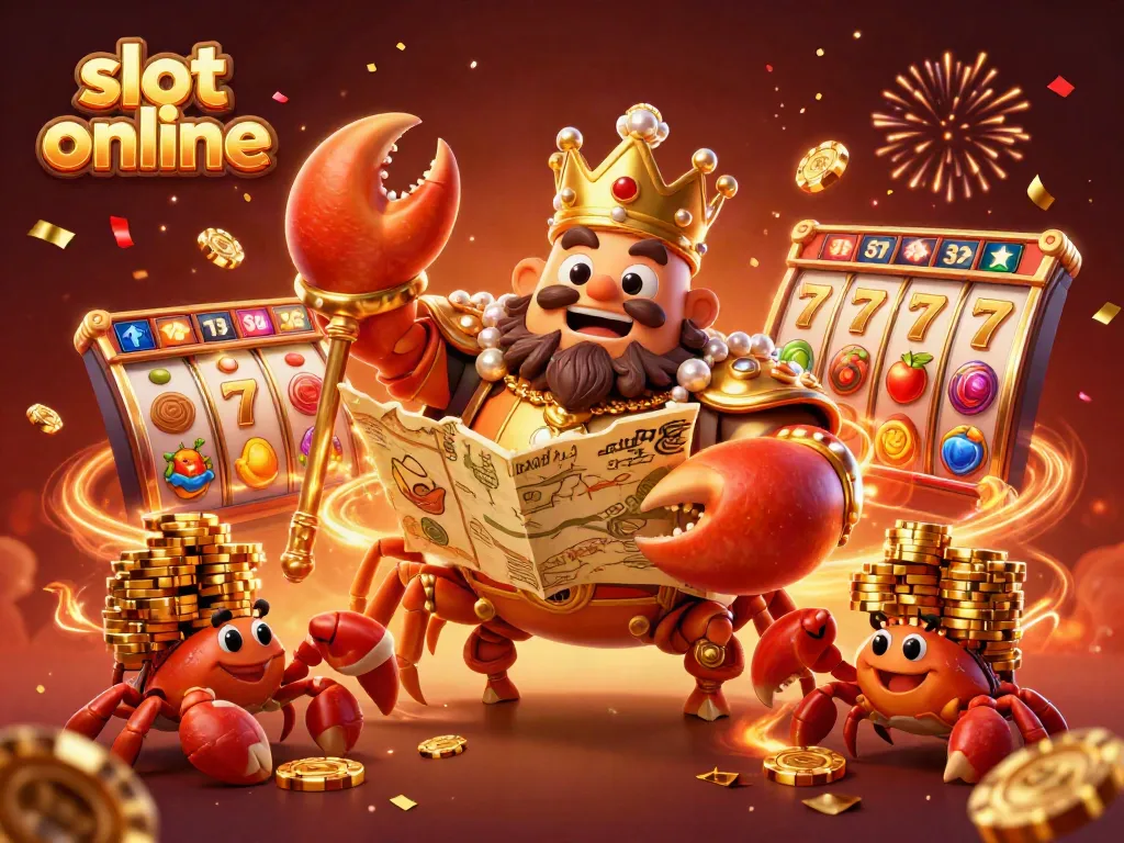 Experience the excitement of slot online with vibrant, detailed casino-themed 3D illustration featuring golden crab emperor and symbols.