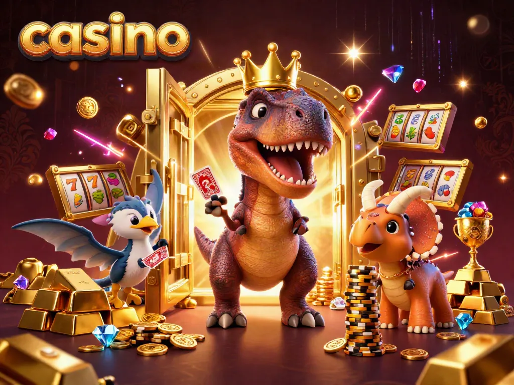 Enjoy a vibrant casino scene featuring a T-Rex shuffling cards and a baby triceratops stacking chips.