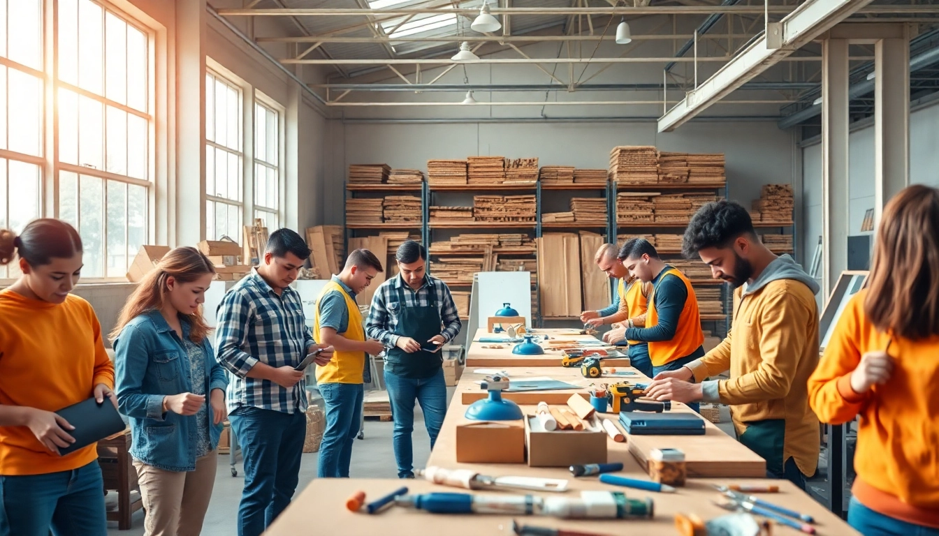 Students actively participating in construction classes while using various tools in a dynamic workshop.